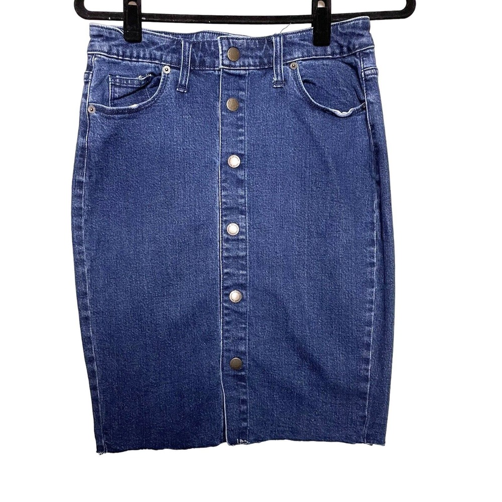 Universal Thread Size 4 Denim Skirt Dark Wash Raw Edge Hem Button Front Pockets